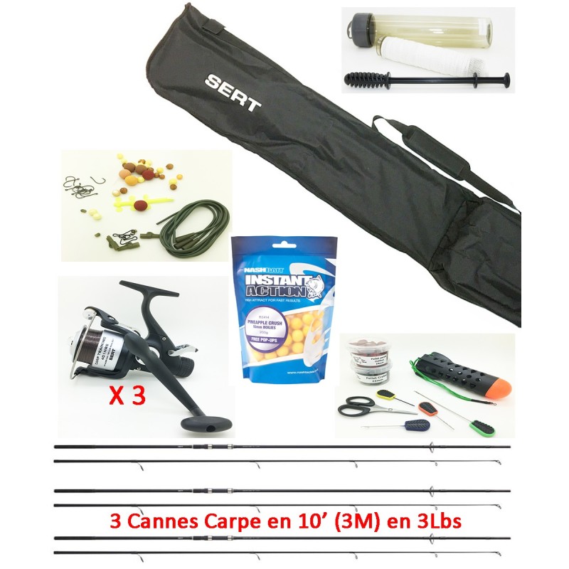 Pack complet Carpe batterie, 3 Cannes 10' (3m) + 3 Moulinets débrayable  garni + Fourreau +accessoires